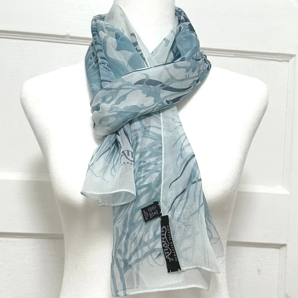 100% Silk Scarf Blue Tropical Print Made in Italy Atlantis Paradise Island 60x17